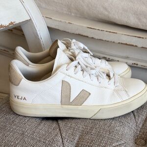 Veja White Leather Sneakers with Beige Suede V Detail